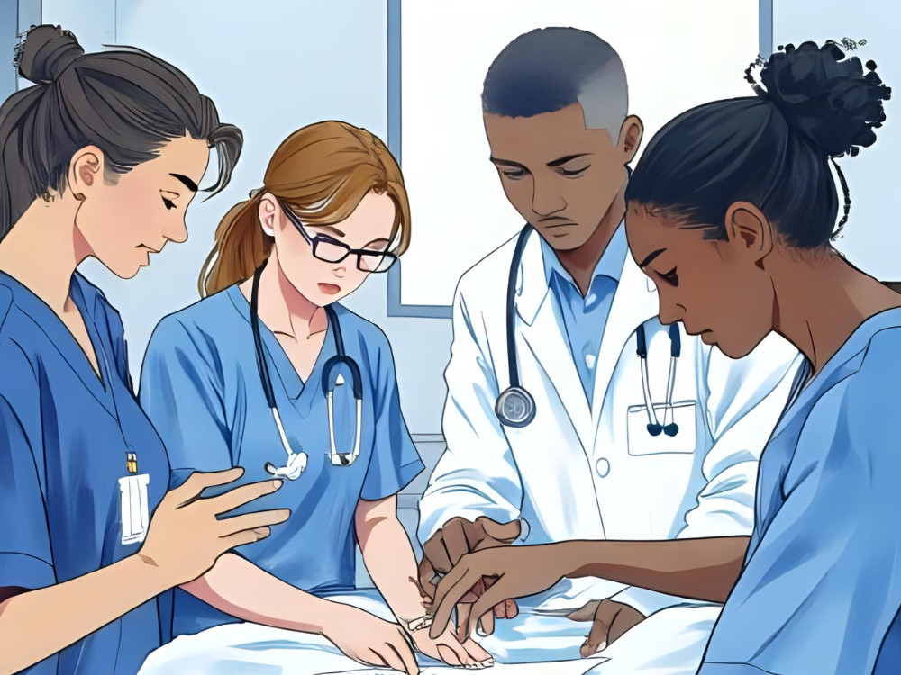 Een team van zorgprofessionals werkt samen aan een medische handeling in een klinische omgeving.