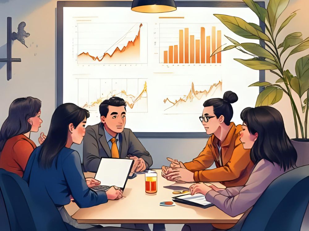 Five people in a business meeting discussing data shown on charts and graphs on a presentation screen.