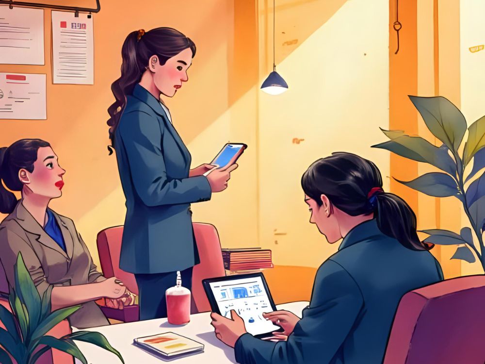 Drie vrouwen in een kantoorruimte werken samen met tablets tijdens een vergadering.