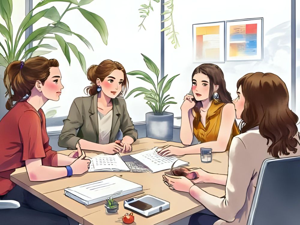 Four women sit around a table in a modern office, engaged in a meeting with documents and coffee.