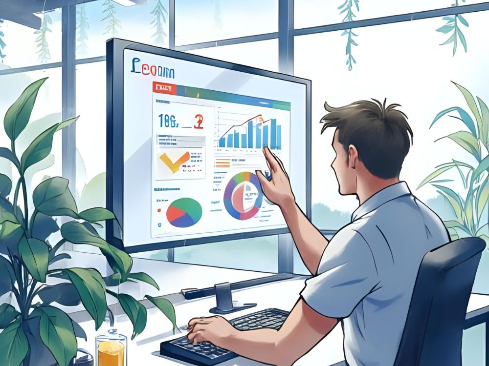 Man analyzing colorful business charts and graphs on a large computer screen in a modern office.