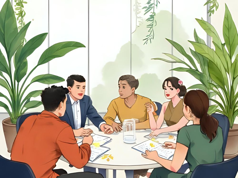 Vijf mensen zitten samen aan een ronde tafel te overleggen in een ruimte met grote planten.