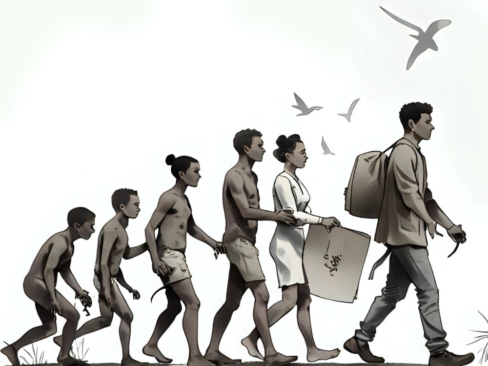 Illustratie van menselijke evolutie van aapachtig kind naar moderne jongvolwassene met rugzak.