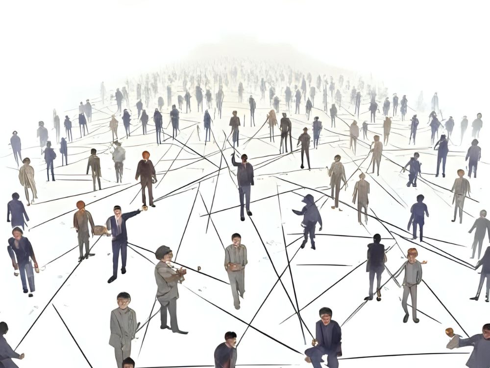 Illustratie van een groot netwerk van mensen die met elkaar verbonden zijn door zwarte lijnen op een witte achtergrond.