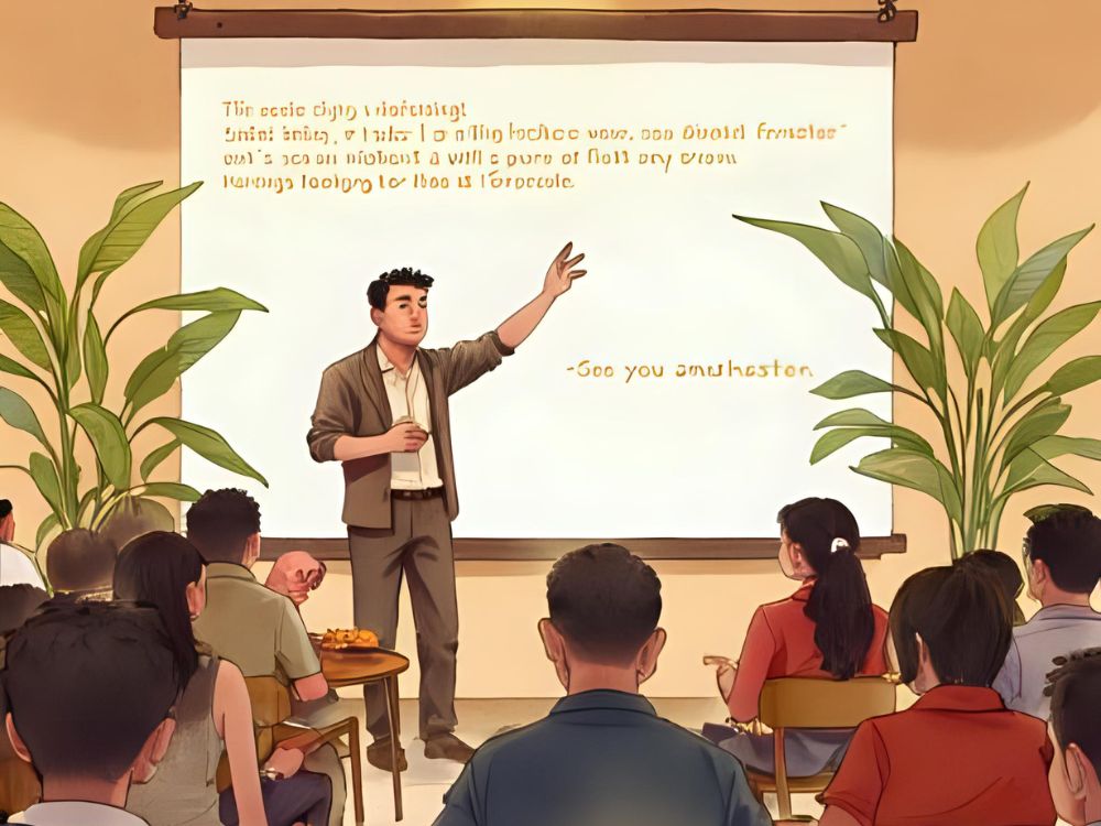 Een man geeft een presentatie over sociale innovatie aan een groep aandachtige toehoorders in een klaslokaal.