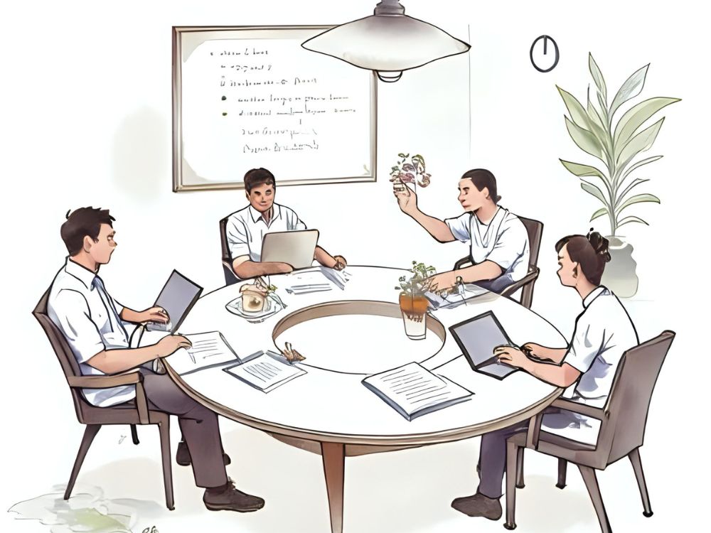 Vier collega’s zitten rond een ronde tafel in overleg over sociale innovatie en organisatiecultuur.