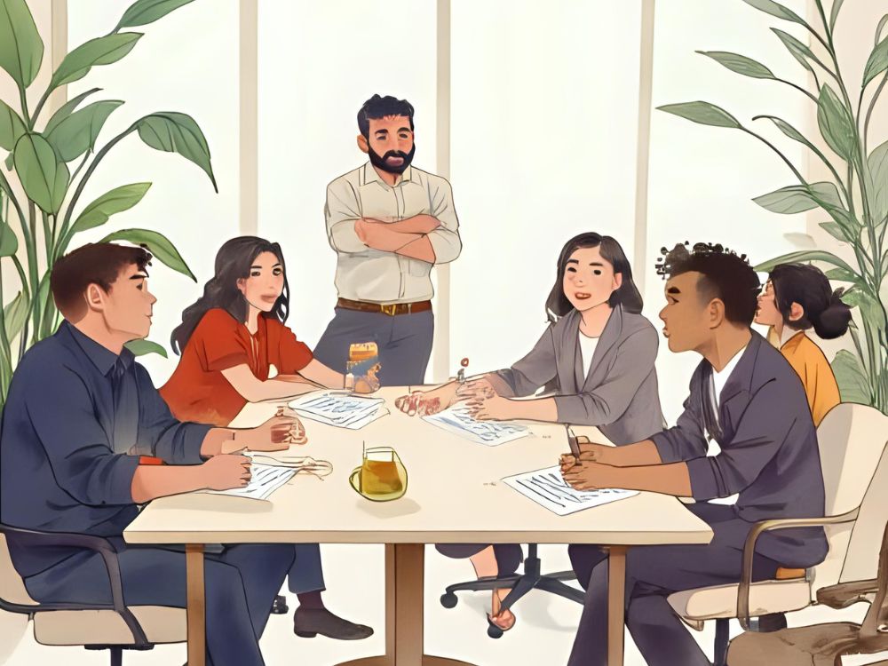 Illustration of a diverse team having a collaborative meeting around a table in a bright office space.