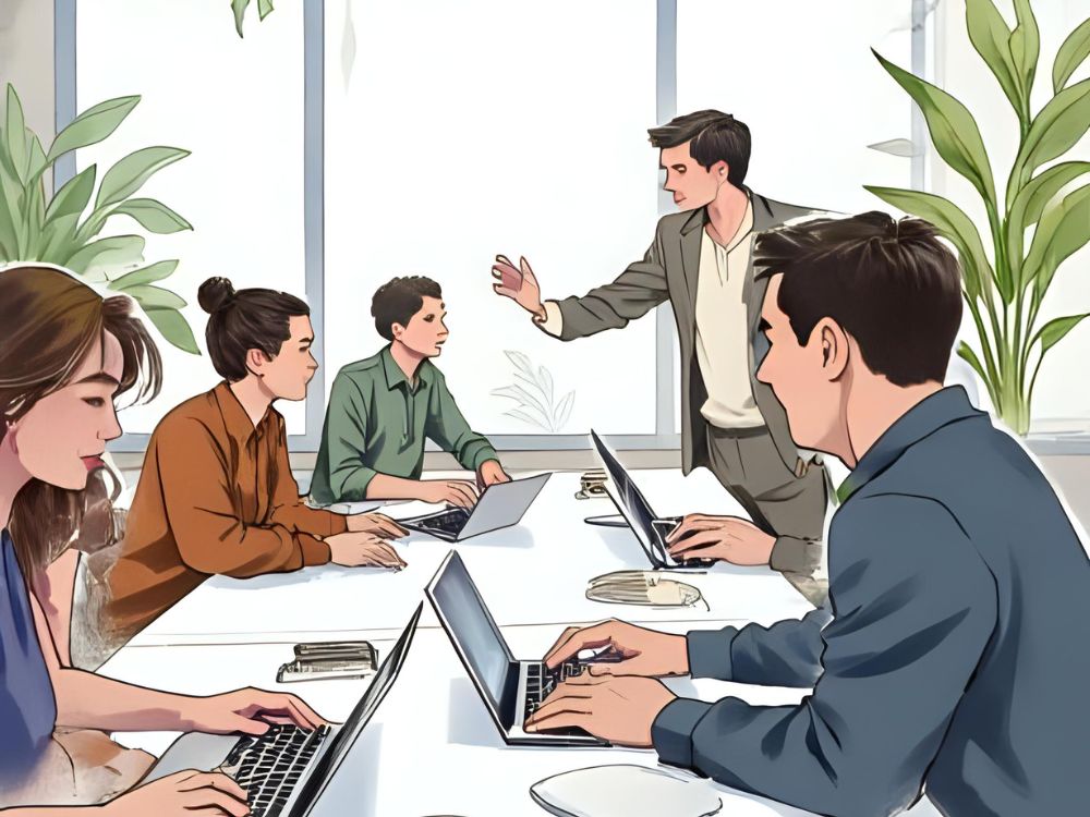 A team of professionals collaborating in a modern office environment focused on social innovation strategies.