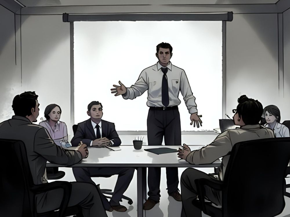 Ein Geschäftsmann steht während eines Meetings vor einem Konferenztisch und spricht zu seinem Team.