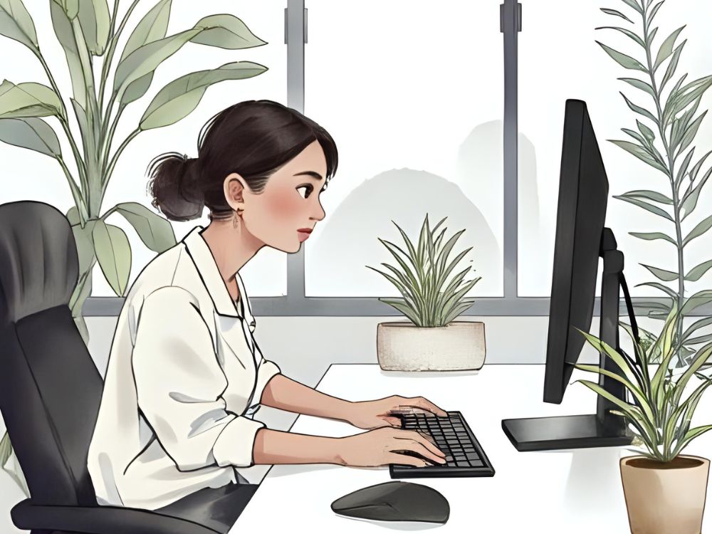 Illustratie van een vrouw die achter een computer werkt in een kantooromgeving met veel planten.