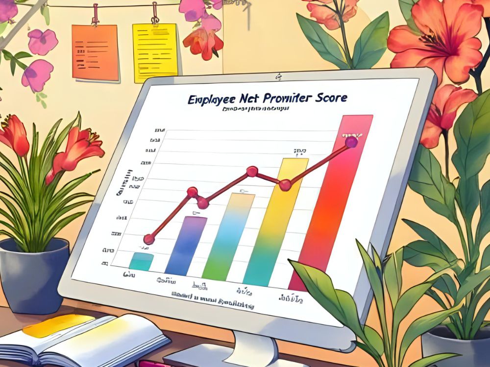 A computer screen displaying an Employee Net Promoter Score (ENPS) chart in a colorful, plant-filled workspace.