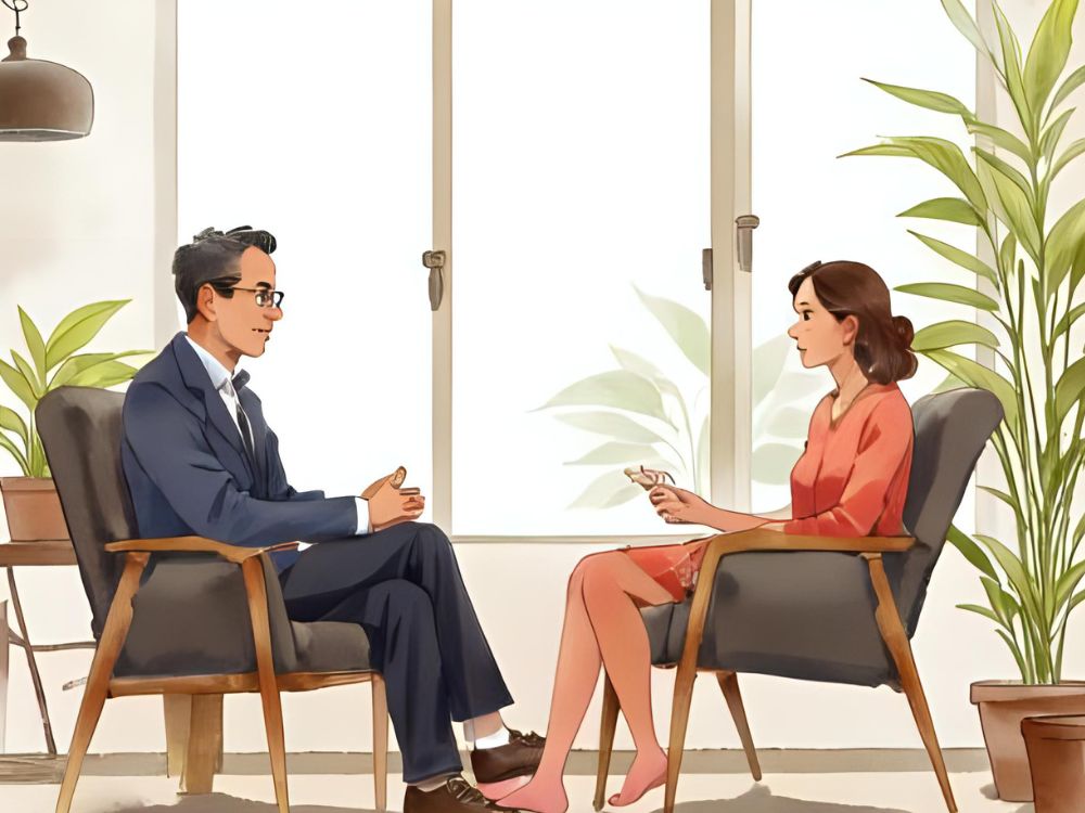 Two professionals having a conversation in a modern office setting with plants and natural light.