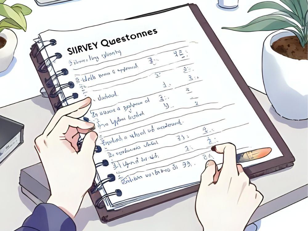 Eine Person füllt einen handgeschriebenen Fragebogen mit dem Titel „Survey Questions“ an einem Schreibtisch aus.