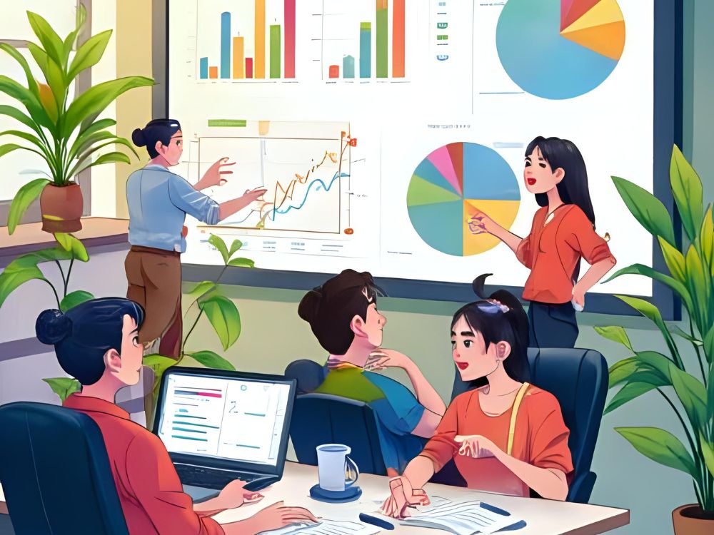 A team of professionals discusses HR tools while analyzing charts and graphs in a modern office setting.