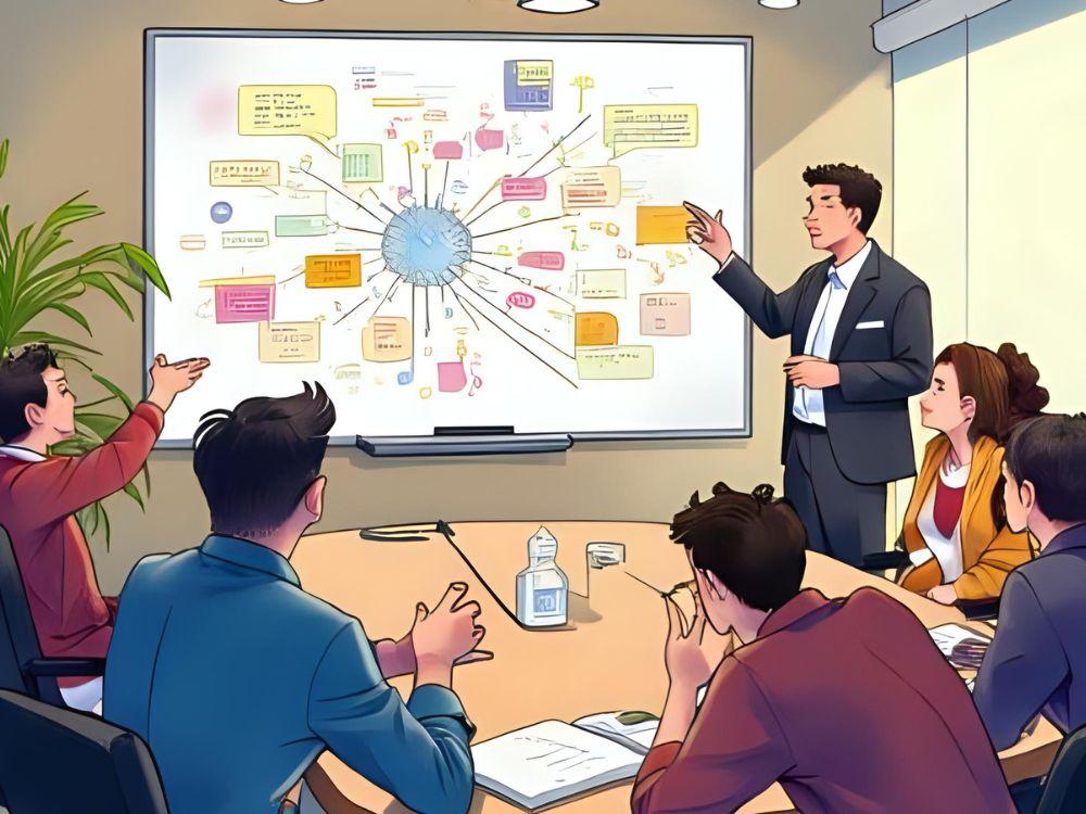 Een man geeft een presentatie aan collega's in een vergaderruimte met een mindmap over EVP-23 op een whiteboard.