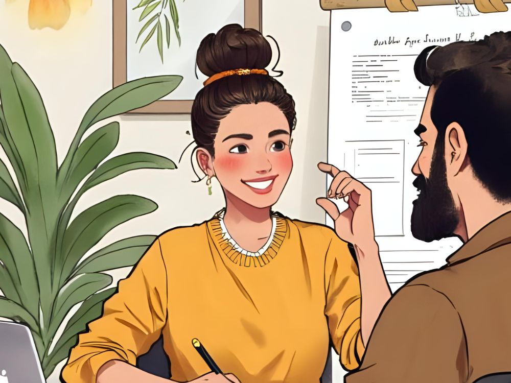 A woman in a yellow sweater smiles while discussing an onboarding document with a colleague in an office setting.