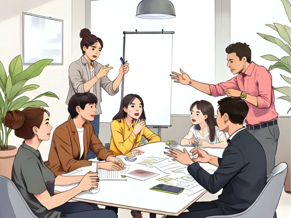 A group of young professionals engaged in a team discussion around a table with documents and a flipchart.