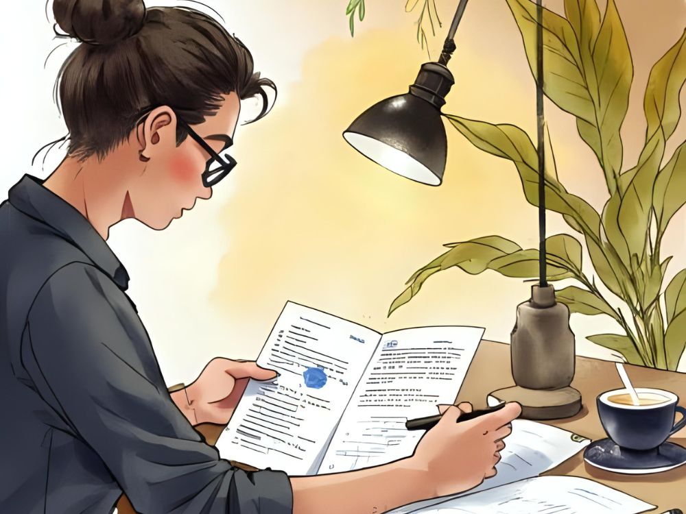 Vrouw bekijkt onder een bureaulamp de kosten van een medewerkersonderzoek met een pen in de hand.