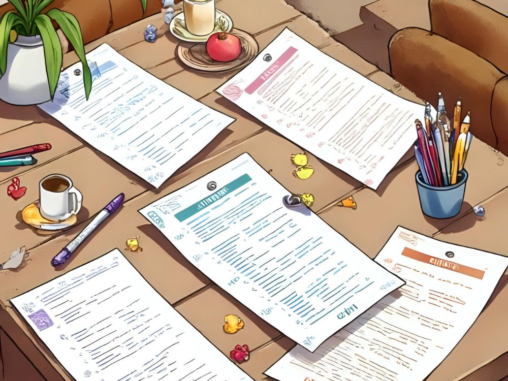 Verschillende ingevulde voorbeeldvragenlijsten van een MTO liggen verspreid op een houten tafel met schrijfwaren en een kop koffie.