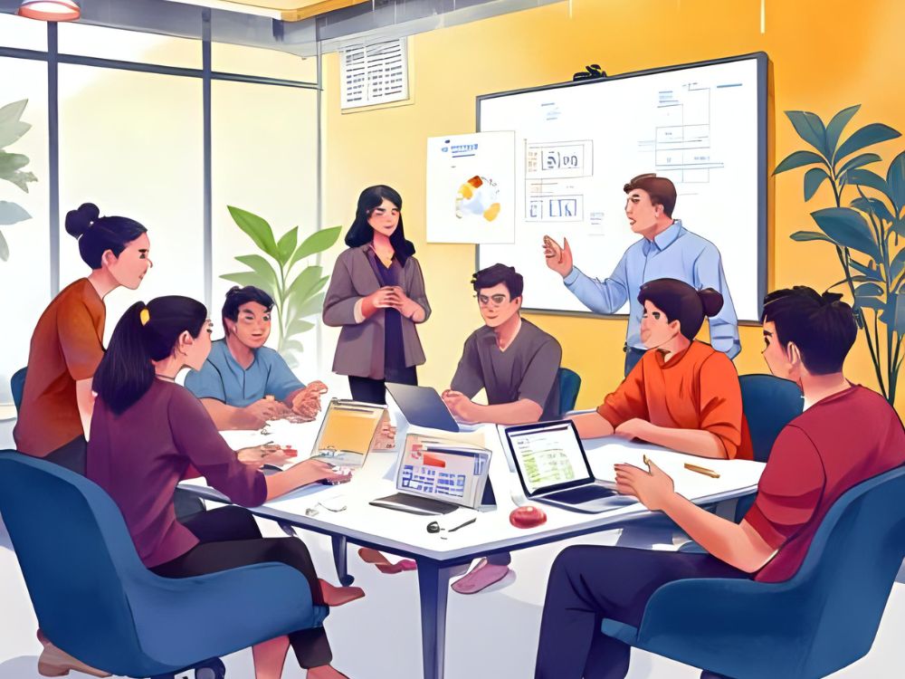 Team bespreekt nieuwe software-updates tijdens een vergadering met laptops en presentatie op whiteboard.