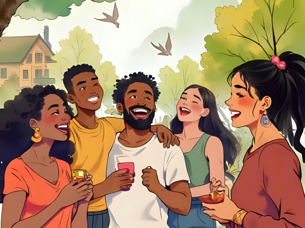 A diverse group of happy friends laughing and enjoying drinks together outdoors in a relaxed, green setting.