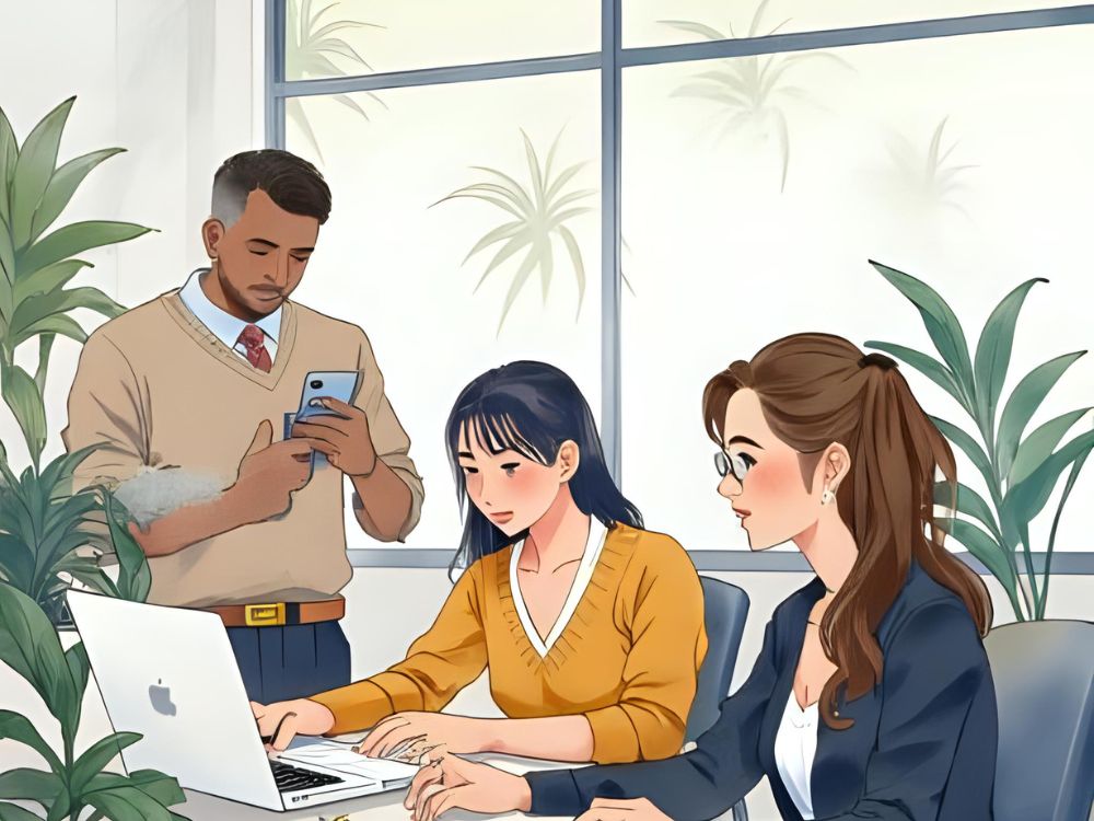 Drei Personen arbeiten gemeinsam in einem modernen Büro mit Laptops und Smartphones.