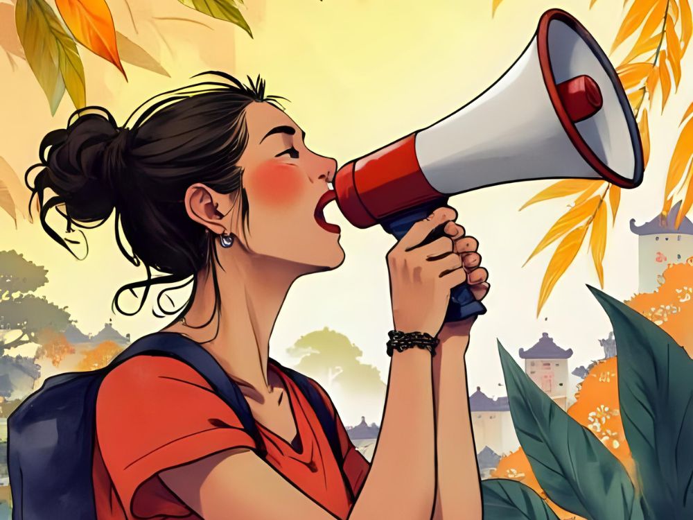 Illustration of a young woman with a backpack using a megaphone in a vibrant outdoor setting.