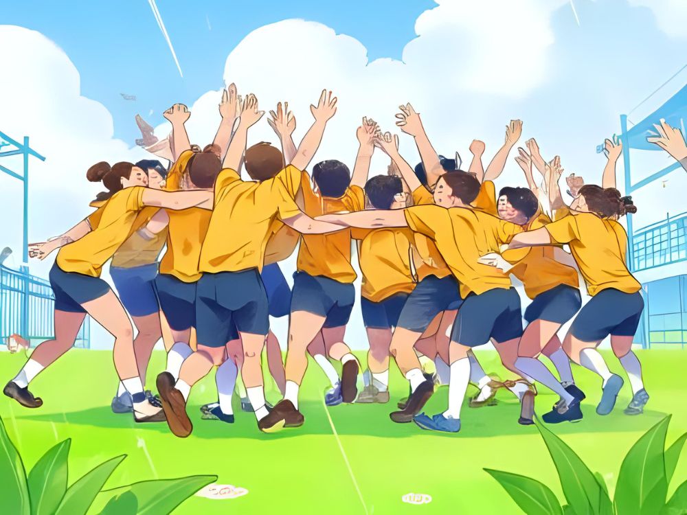 A group of students in yellow shirts celebrate together in a circle on a school field.