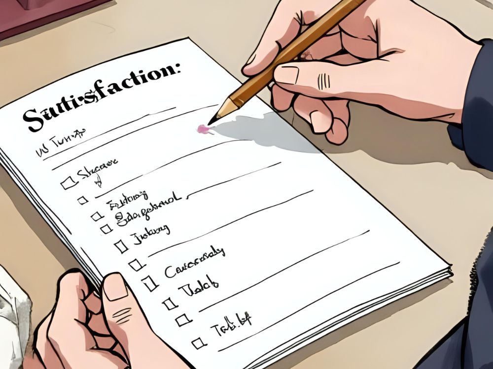 A person filling out a satisfaction survey form with a pencil.