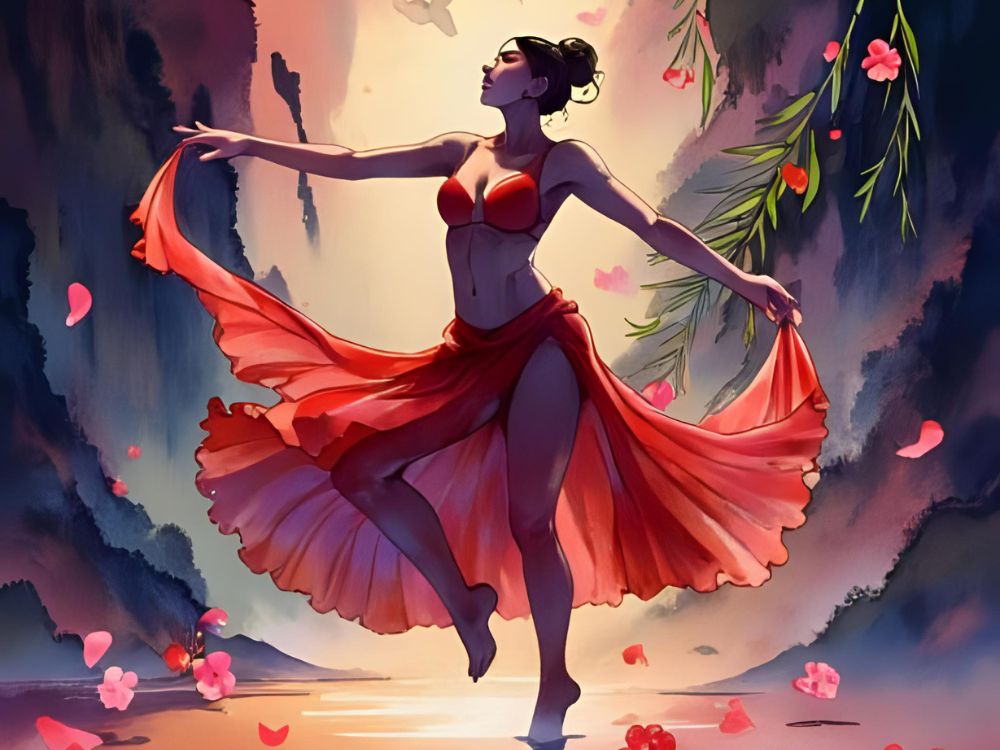 Illustratie van een vrouw in een rode jurk die danst in een kleurrijk, natuurlijk landschap met vallende bloemblaadjes.