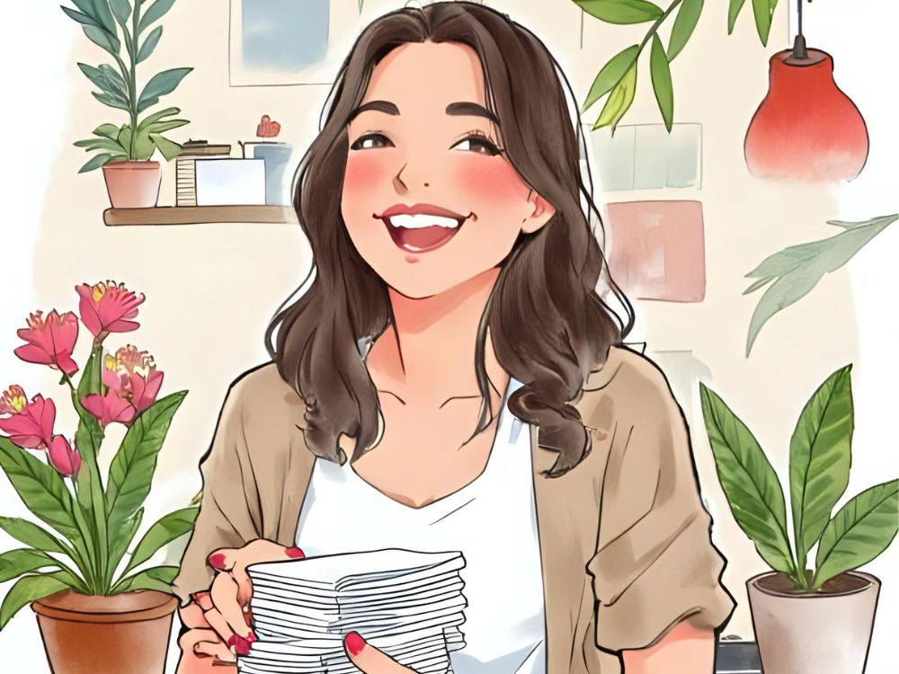 Illustratie van een lachende vrouw die een stapel complimentenkaartjes vasthoudt, omringd door kamerplanten.