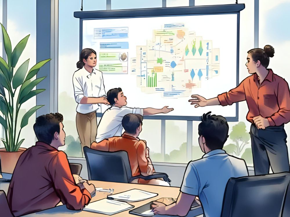 Een team bespreekt effectief opvolgen tijdens een presentatie met een visueel schema op een scherm.