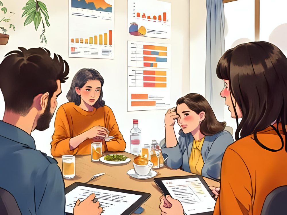 Four colleagues discuss employee satisfaction survey results in a meeting room with charts on the wall.