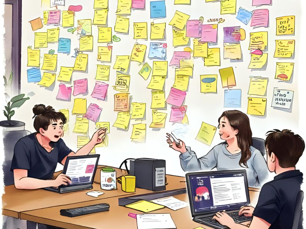 Drei Mitarbeitende diskutieren vor einer Wand voller bunter Haftnotizen im Rahmen der strategischen Personalplanung.