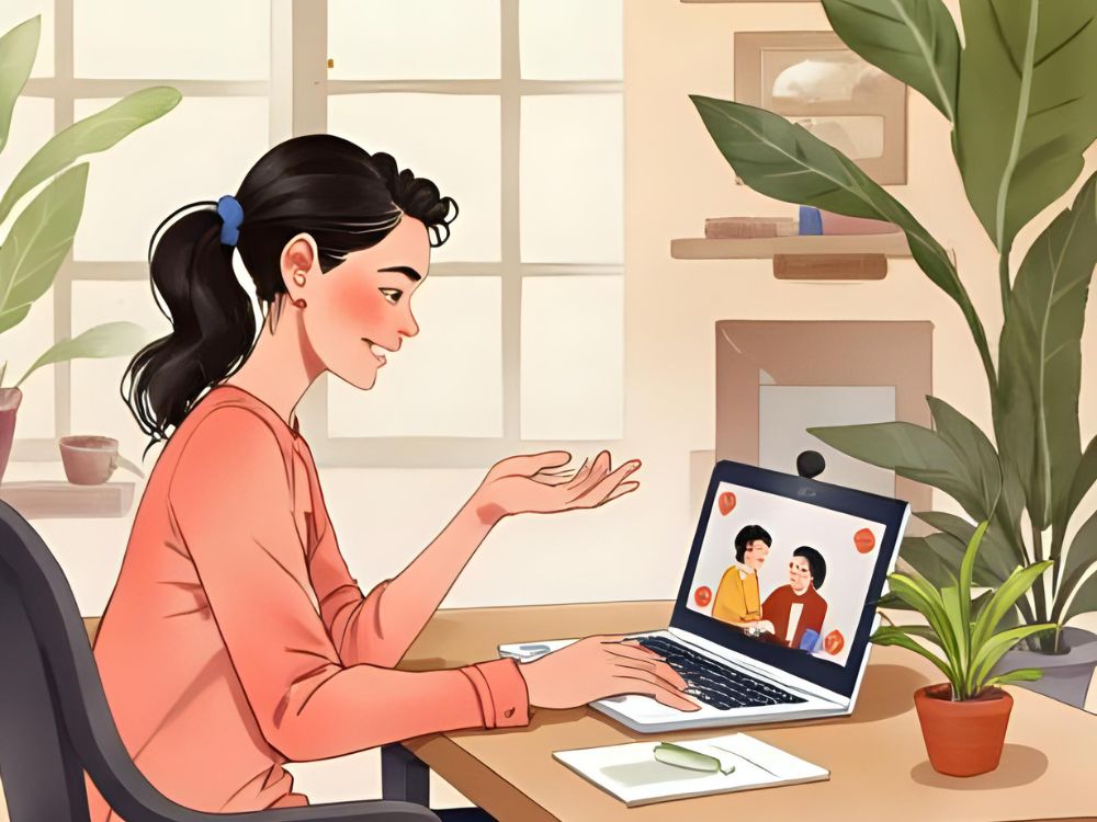 Woman having a video call on her laptop while working from a home office surrounded by plants.