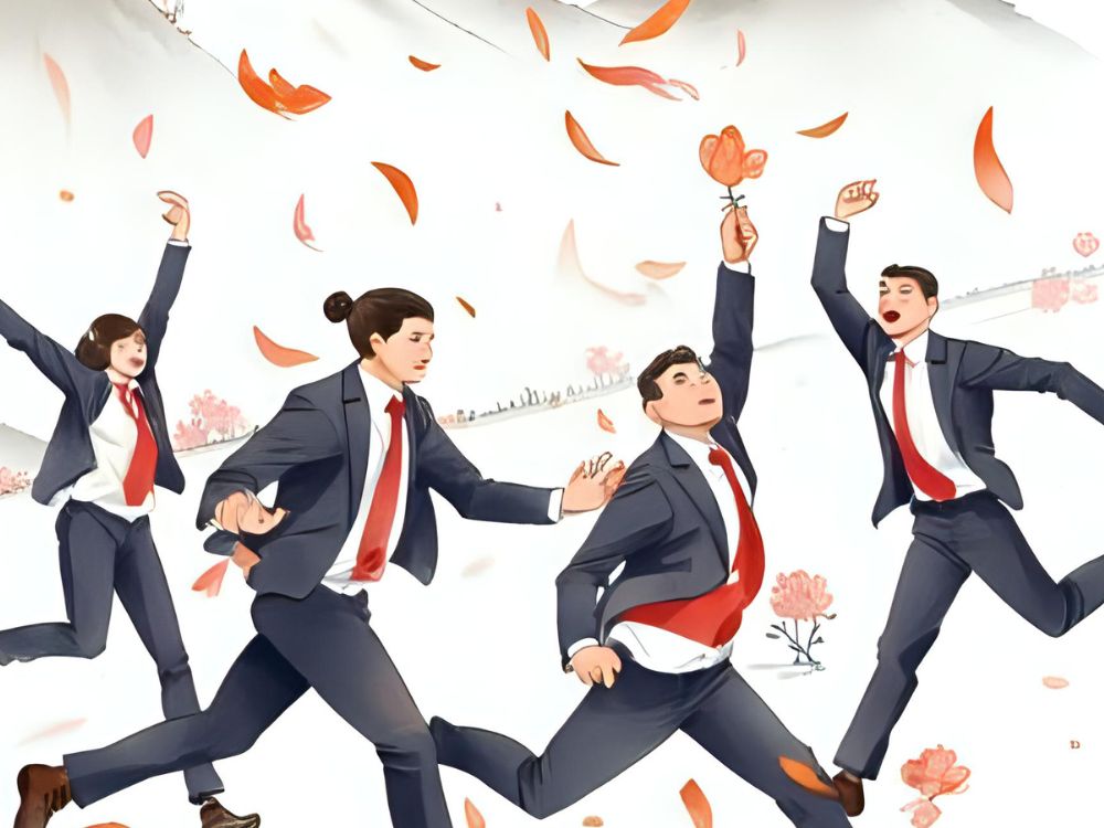 Four businesspeople in suits and red ties joyfully running and jumping among falling leaves, symbolizing employee engagement.