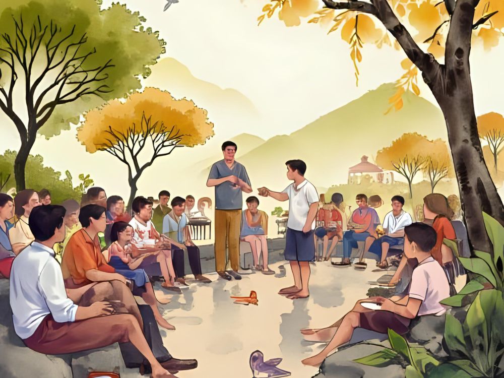 Een groep mensen zit in een kring buiten in een natuurlijke omgeving terwijl twee personen in het midden een gesprek voeren.