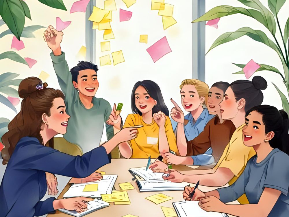 A group of enthusiastic colleagues collaborates in a creative meeting room filled with sticky notes.