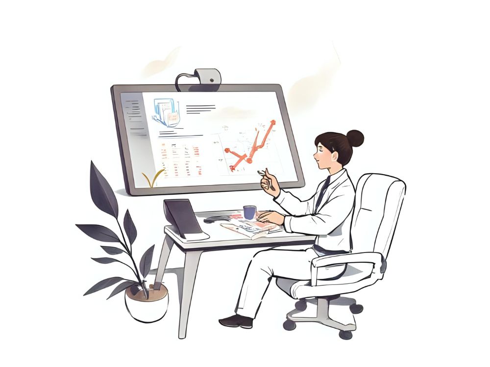 Frau analysiert MTO-Daten auf einem großen Bildschirm in einem modernen Büro.