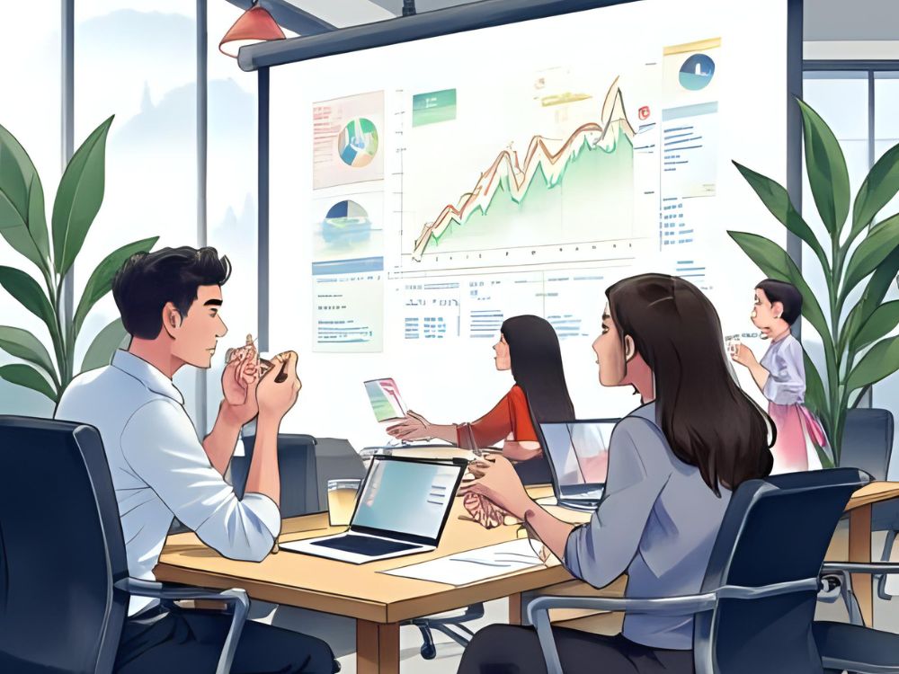 Vier Personen besprechen in einem modernen Büro die Ergebnisse eines Mitarbeiterforschungsberichts, die auf einem großen Bildschirm mit Diagrammen und Statistiken angezeigt werden.