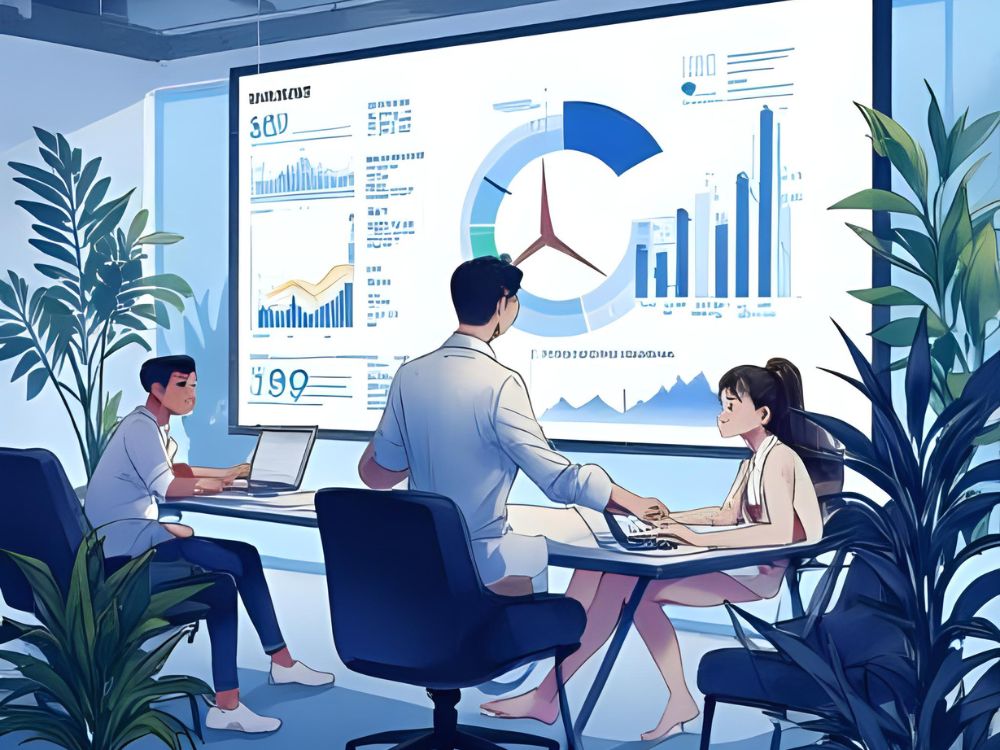 Illustration of a business meeting where three people are using laptops and analyzing AI-driven HR data on a large digital dashboard.