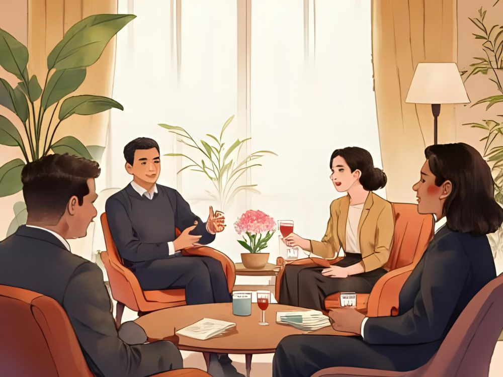 Vier mensen zitten in een comfortabele huiskameromgeving in gesprek over psychologische veiligheid.