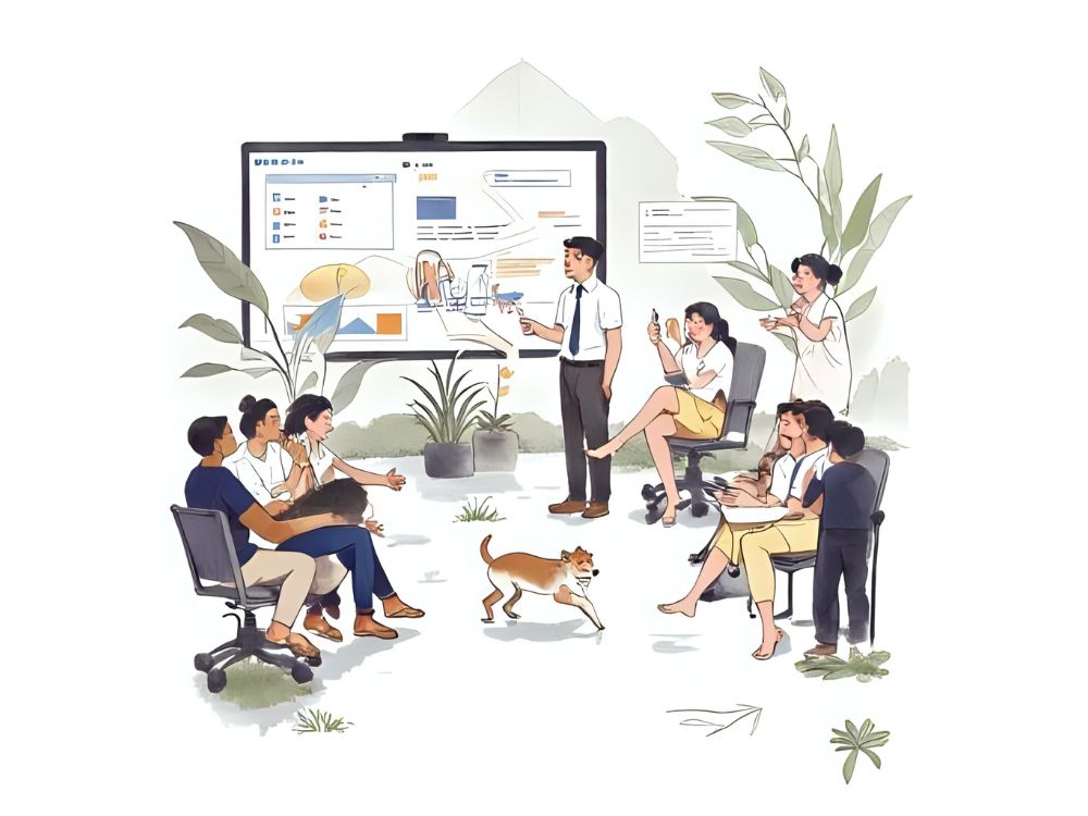Illustration of a relaxed team meeting with employees collaborating around a large digital screen in a casual, nature-inspired workspace.