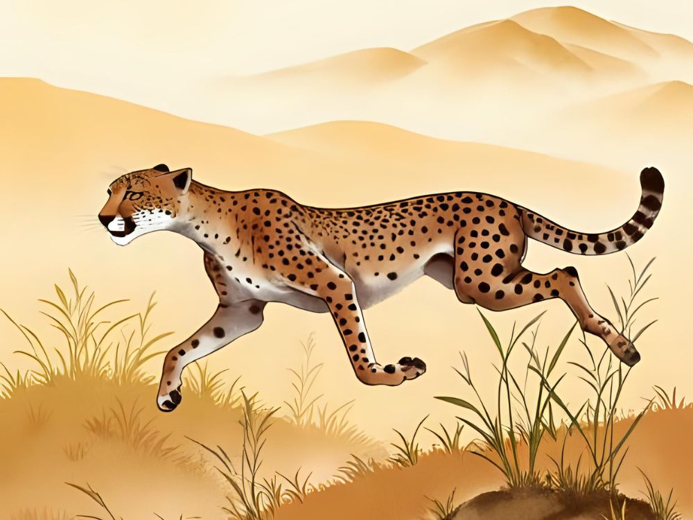 Illustratie van een rennende jachtluipaard in een woestijnachtig landschap met heuvels op de achtergrond.