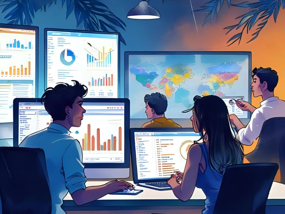 Vier Personen analysieren an mehreren Monitoren datenbasierte Diagramme und Weltkarten zur Vorhersage von Mitarbeiterfluktuation mithilfe von People Analytics.