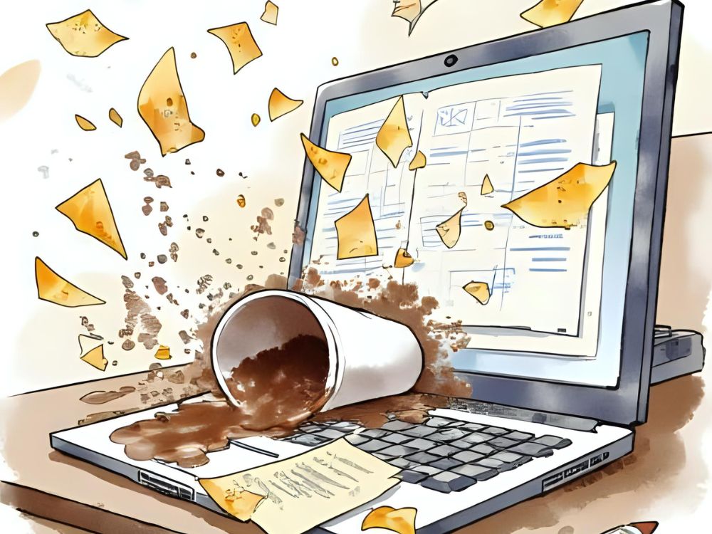 Ein umgekippter Kaffeebecher verschüttet Flüssigkeit über eine Laptop-Tastatur, während Papiere durch die Luft fliegen.