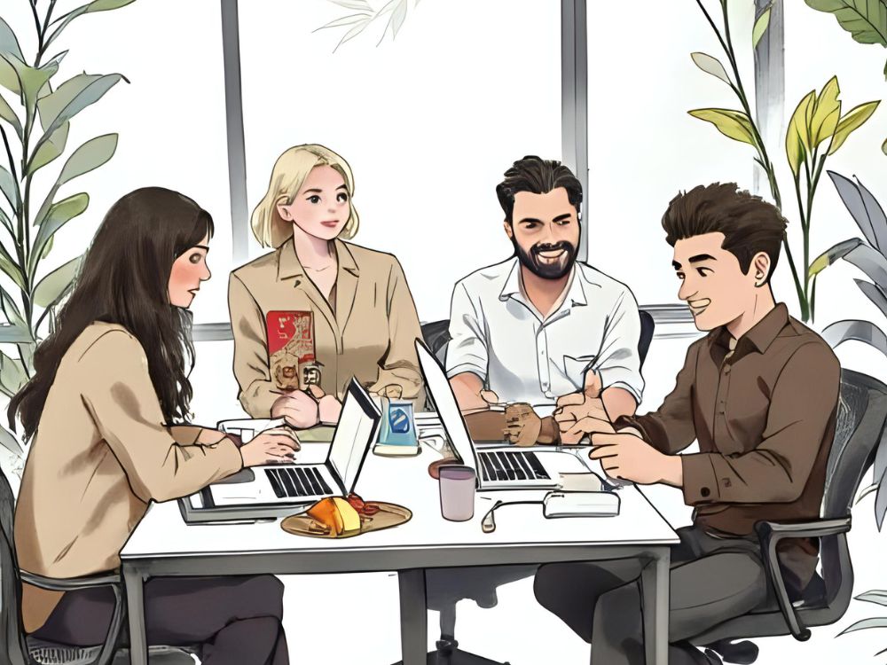 Vier collega’s bespreken HR Analytics en werkgeluk rond een vergadertafel met laptops en koffie.