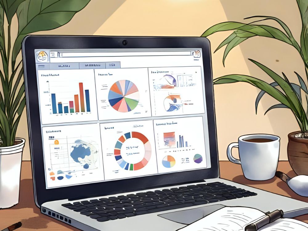 Laptop mit HR-Dashboard voller Diagramme und Analysen auf einem Schreibtisch mit Pflanzen und einer Tasse Kaffee.