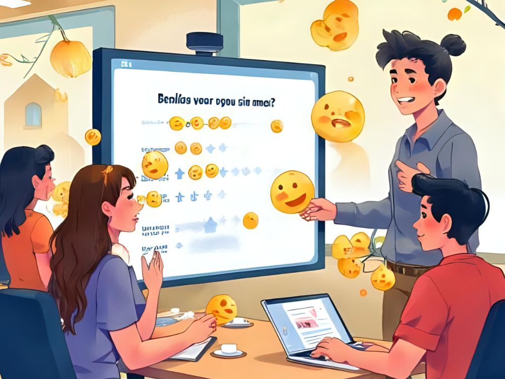 Eine Gruppe von Menschen diskutiert in einem modernen Büro über die Verwendung von Smileys in Umfragen, während Emojis den Raum füllen.