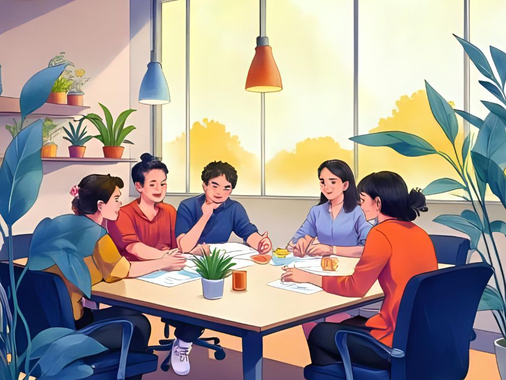 A diverse group of coworkers collaborates around a table in a bright, plant-filled office to improve workplace culture and employee happiness.